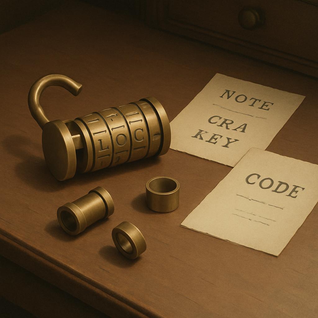 An antique brass combination lock, memo notes, and clamps sit on top of a wooden desk.
