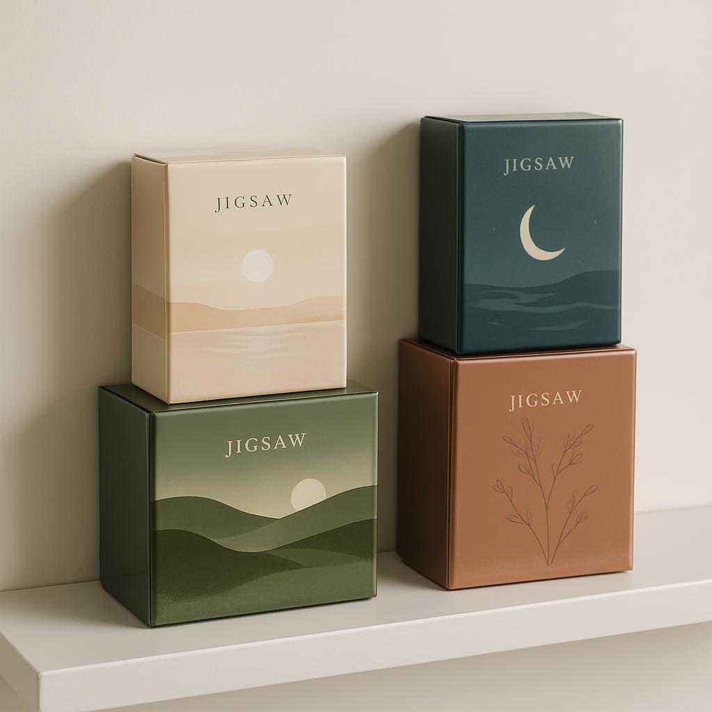 Image of boxes with the words JIGSAW on the top and landscape designscreasing to 4 boxes, set on the side of a shelf again...