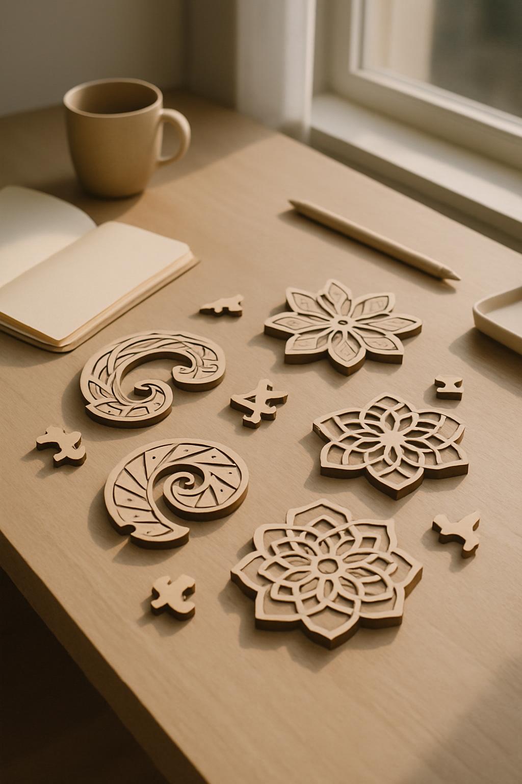 An assortment of wood cutouts, flowers, and other decorative shapes in varying shapes and sizes, along with the items on t...