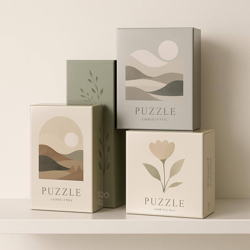 A collection of four beige puzzle boxes featuring natural elements, stacked against a white background.